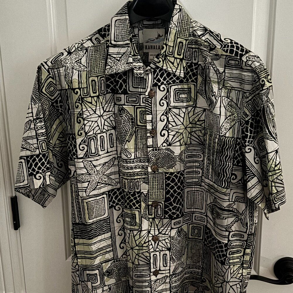 Kahala 1936 L Fish Abstract Green & Black Aloha Shirt NWT
